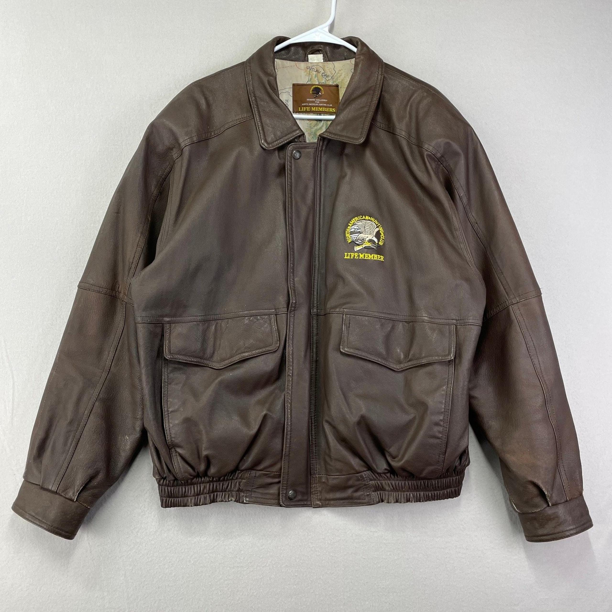 VTG Life Members Leather Bomber Jacket Mens XL Brown North American Hunting Club