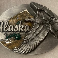 Vintage 1990 Metal Belt Buckle, Alaska, American Bald Eagle, Mountain, Nice