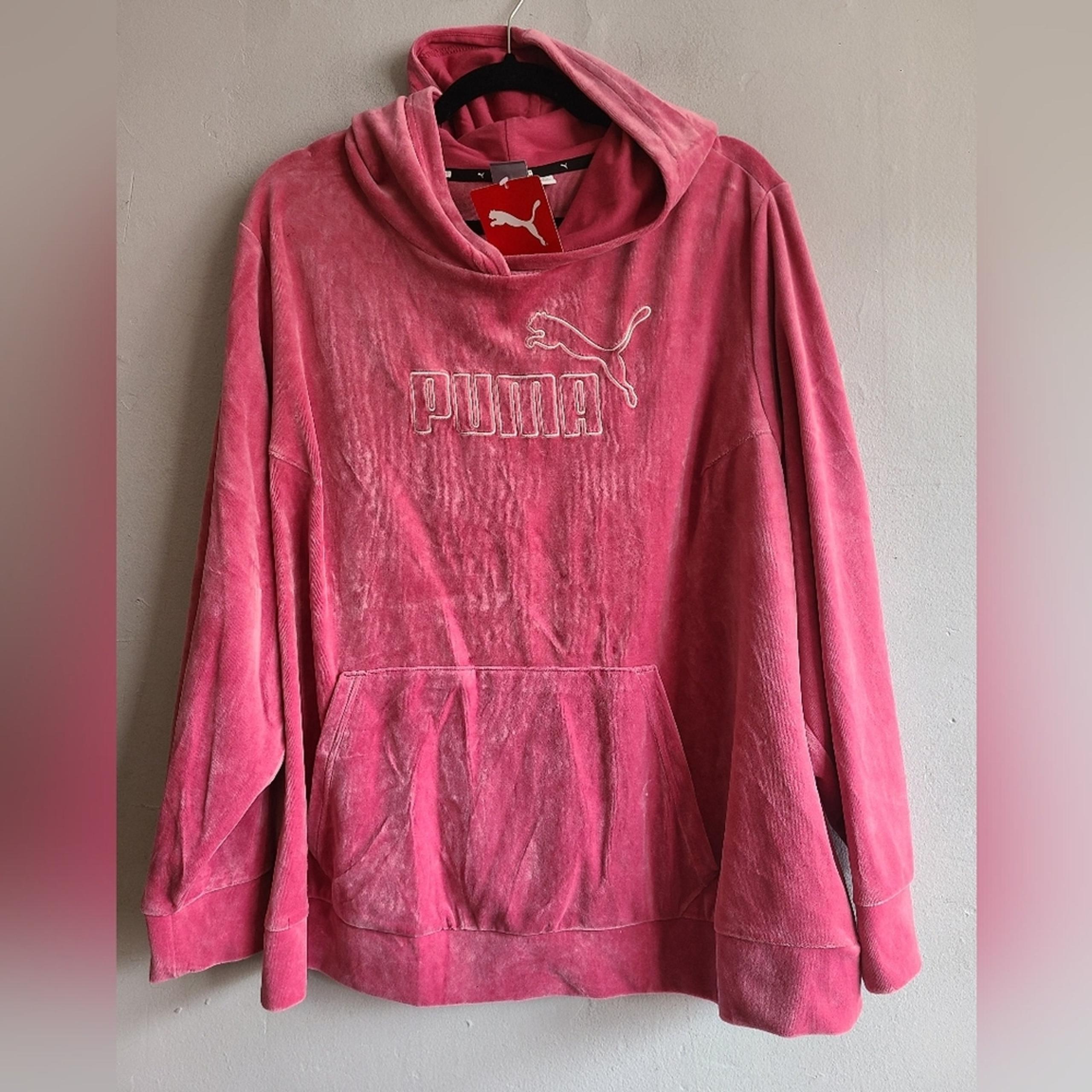 NEW women's 3X Puma pink orchid velour hoodie hooded sweatshirt white logo