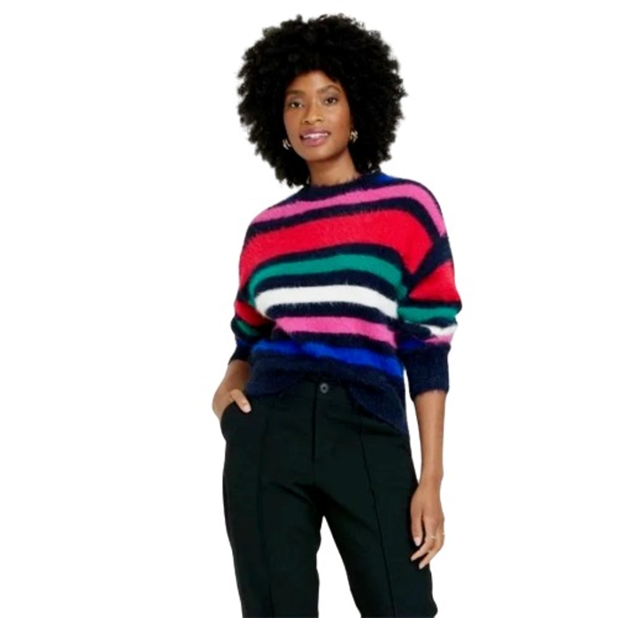 A New Day Crewneck Fuzzy Pullover Sweater - Striped Multicolor Womens SMALL -NEW