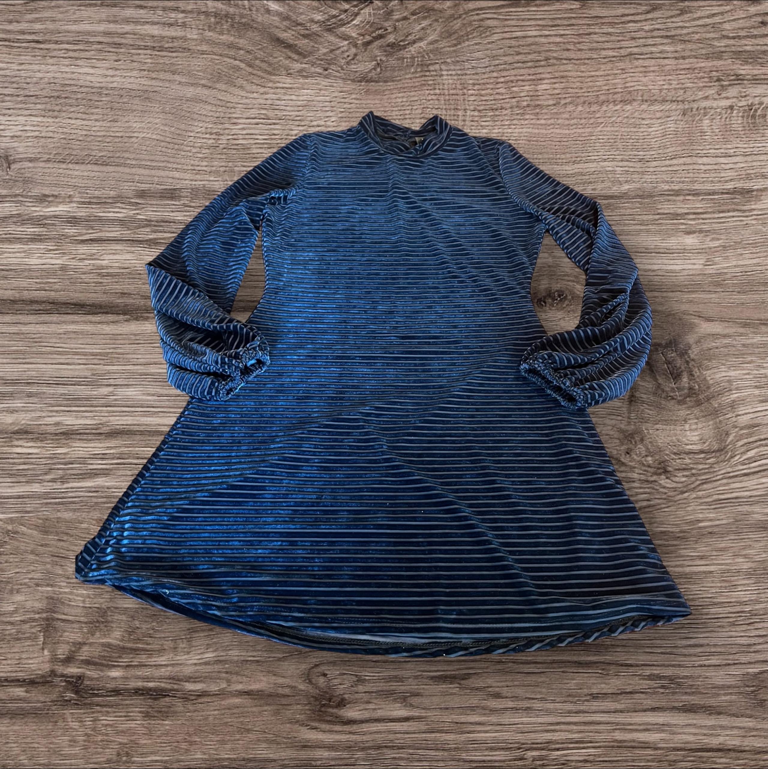 Lulu’s Velvet Striped Chic Long Balloon Sleeve Mini Dress Blue Size Medium NEW