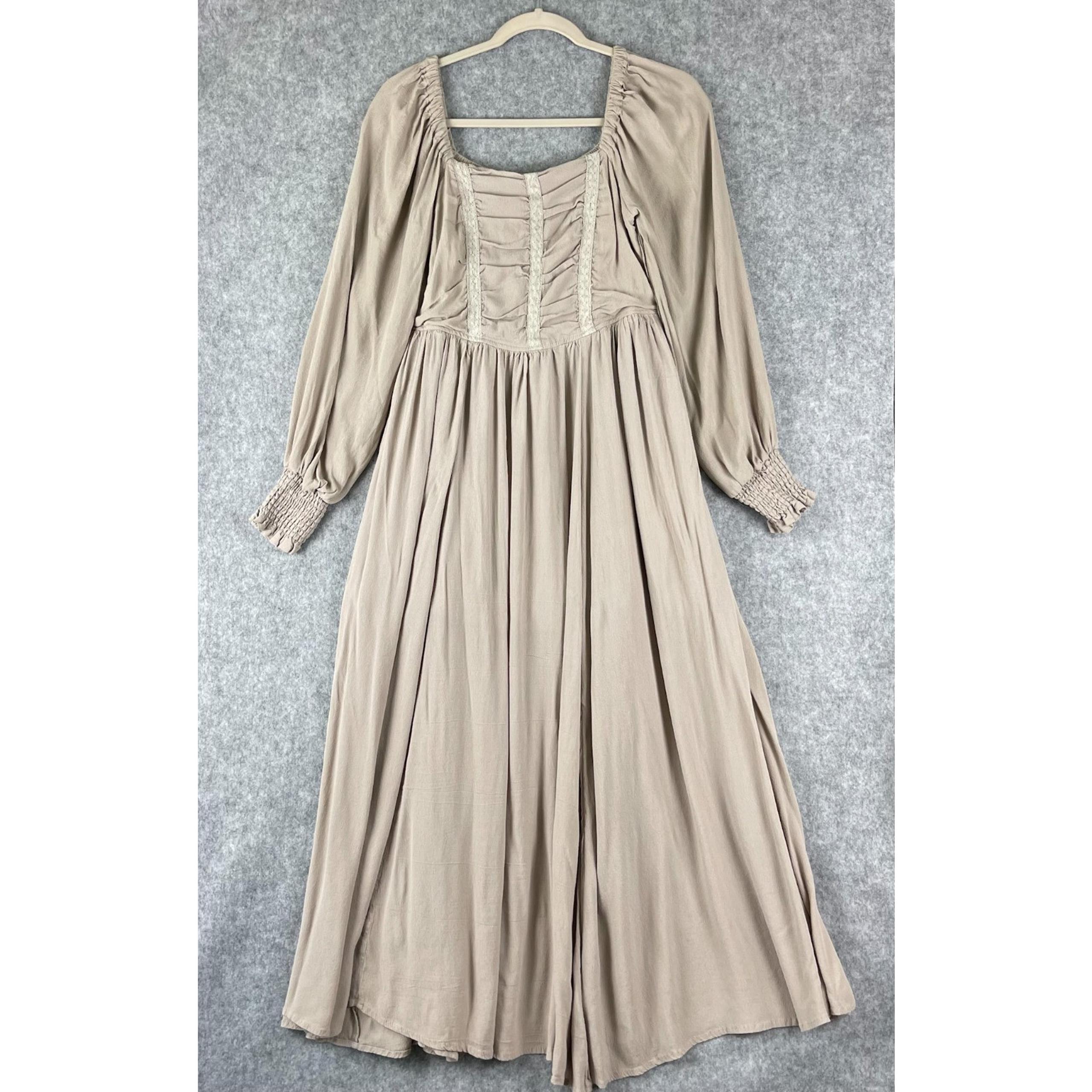 In Bloom Boho Dress Womens Large Beige Smocked Cottage Coquette Peasant Gypsy