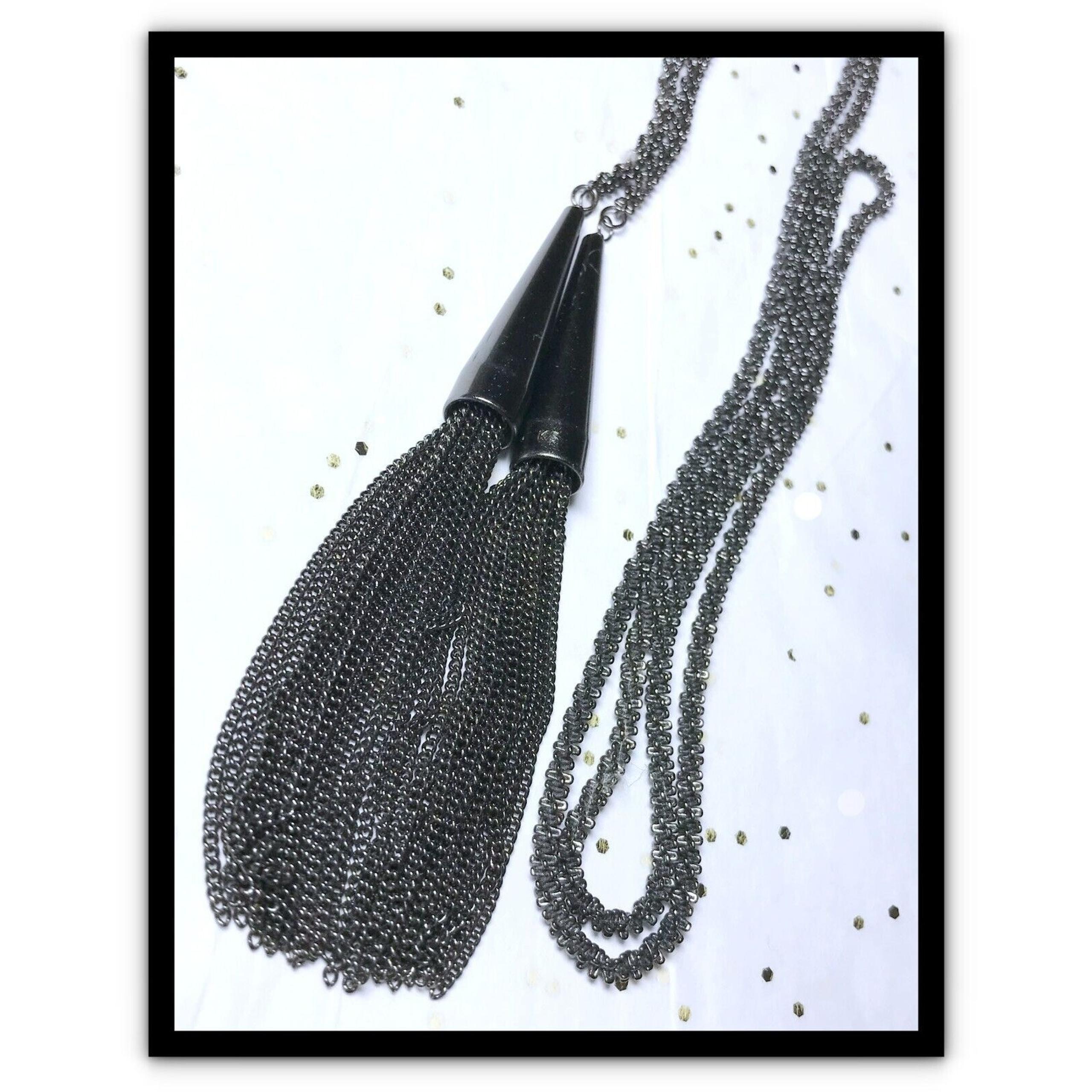 Kendra Scott Necklace Black Gunmetal PHARA Fringe Tassel Lariat Rope 48.5" Long
