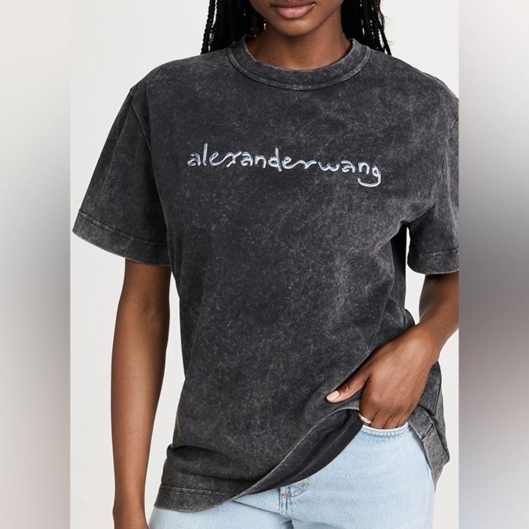 Alexander Wang Gray Short Sleeve Tee With Chrome Graphic Logo Size Large