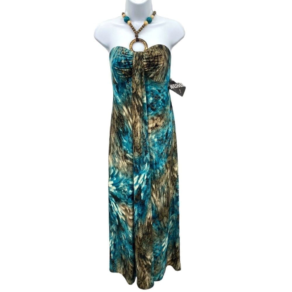 New R&M Richards Women Green Blue Cocktail Halter Maxi Dress M Beaded Flowy