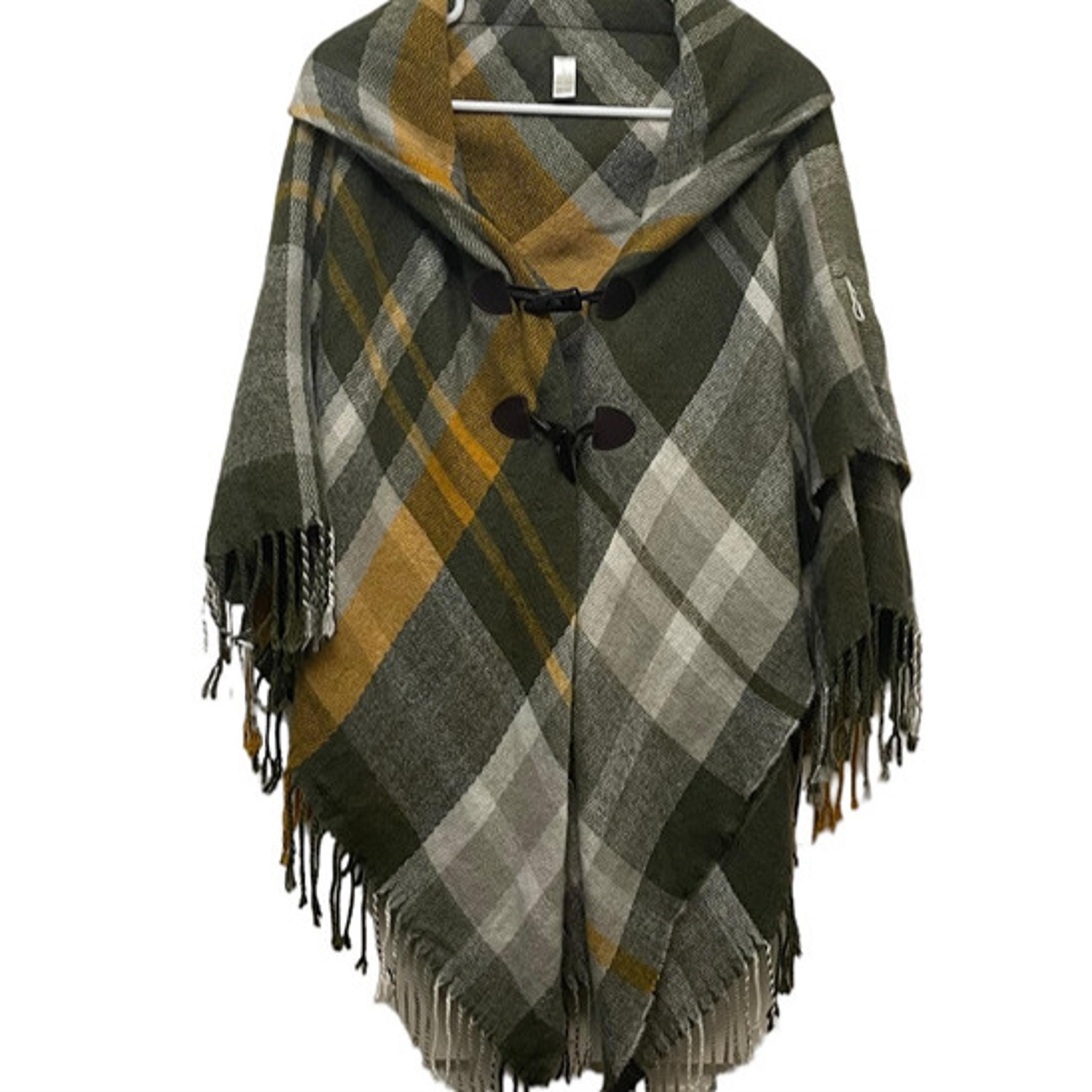 Women's Plaid Pullover Oversized Poncho Green Cream Yellow One Size