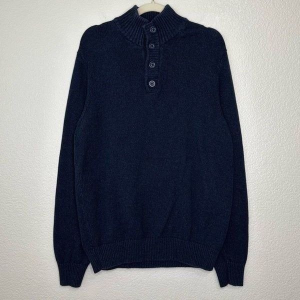 Sean John Men’s Navy Blue Mock Neck Quarter Button Sweater