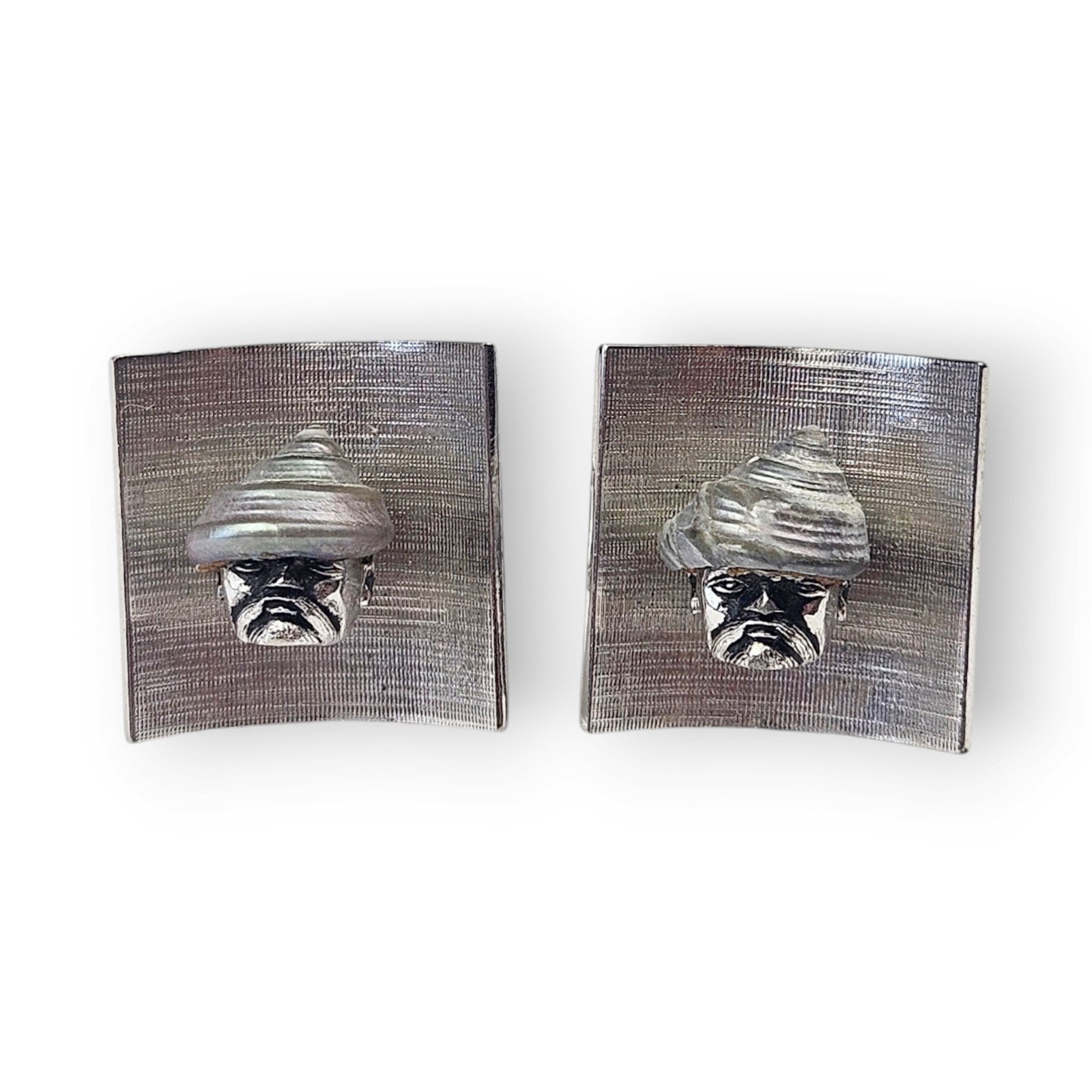Swank Arts Of The World Cufflinks Venice Man Shell Hat Rhodium Plated Vtg 1961
