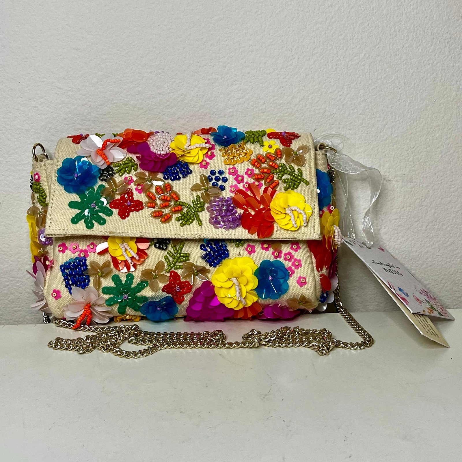 Viral Beige Colorful Flower Beaded Bag