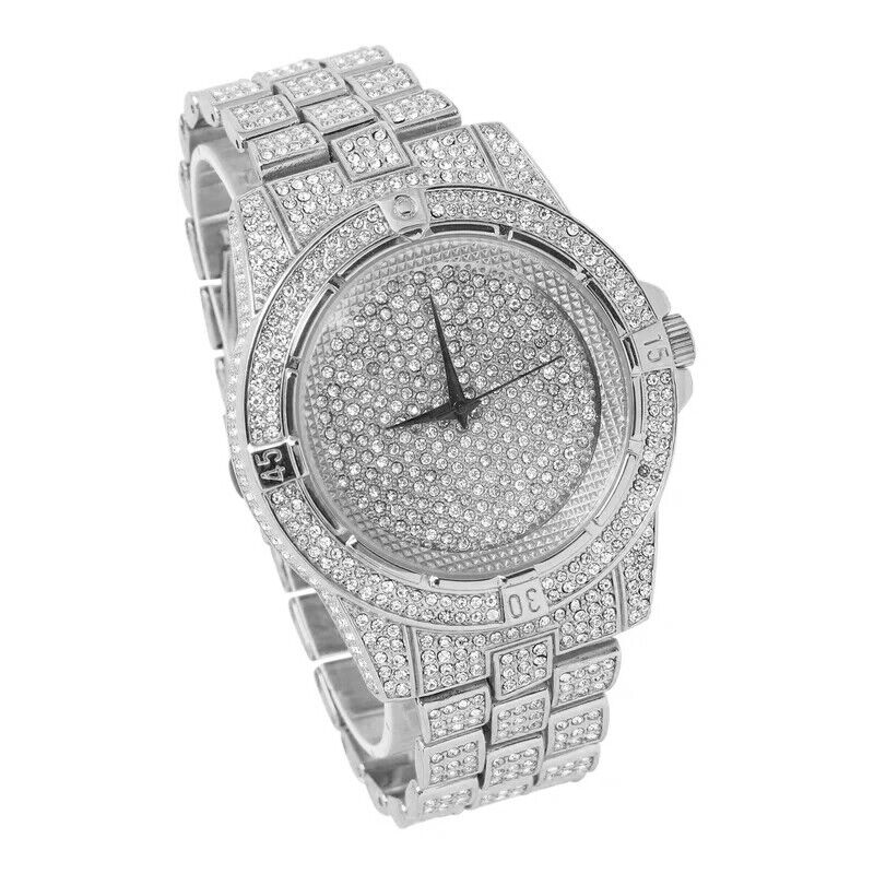 Hip Hop Iced Watch Luxury Rapper Simulated Diamond Metal Band Dress wristwatch