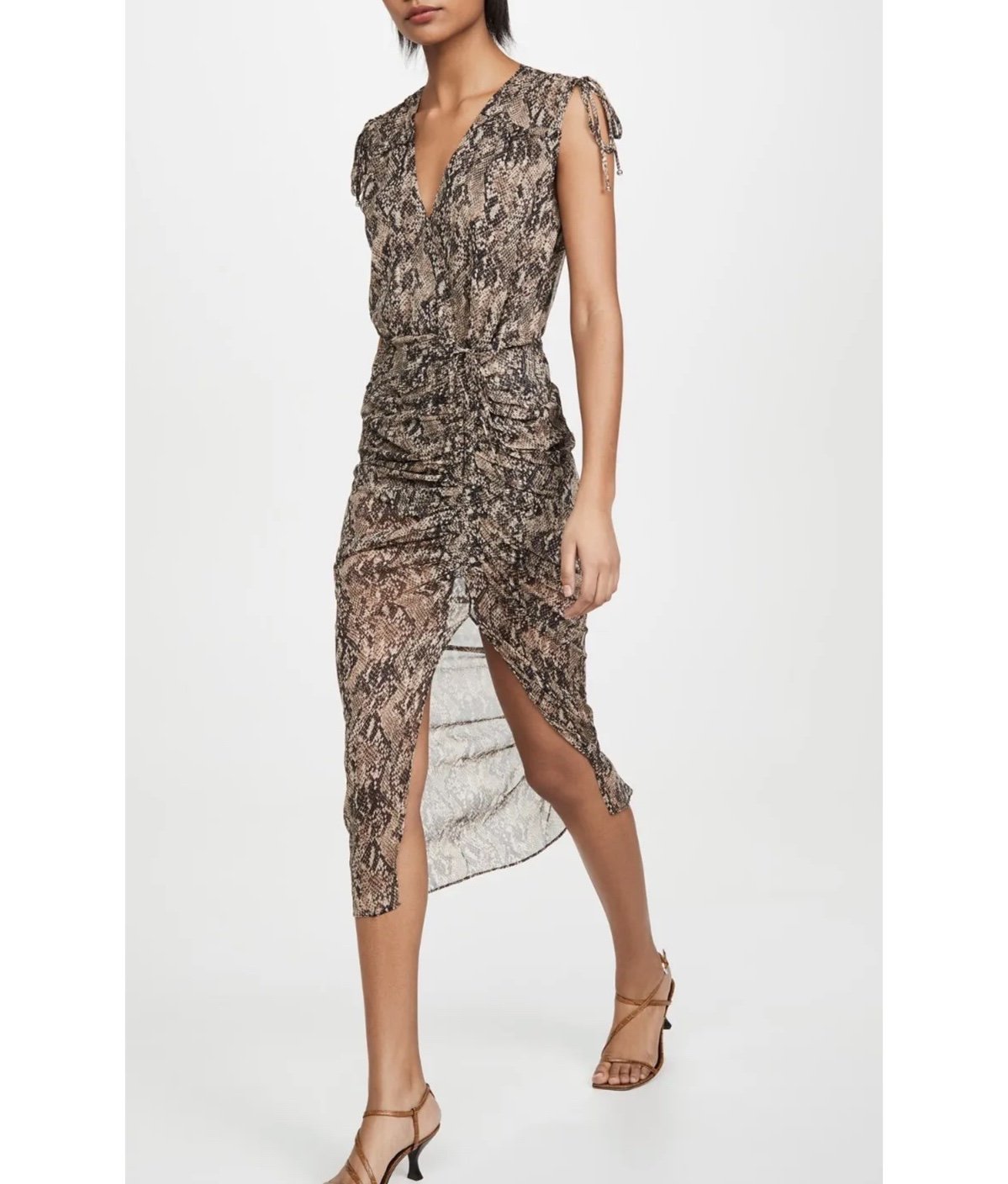 Veronica Beard Teagan Ruched Snake-print Silk Chiffon Midi Dress Sz 8