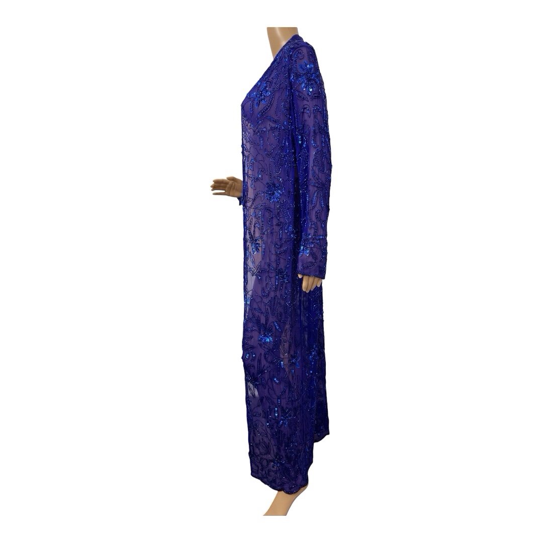 Women’s Blue Sequins Beaded Transparent Floral Night Robe, S-M