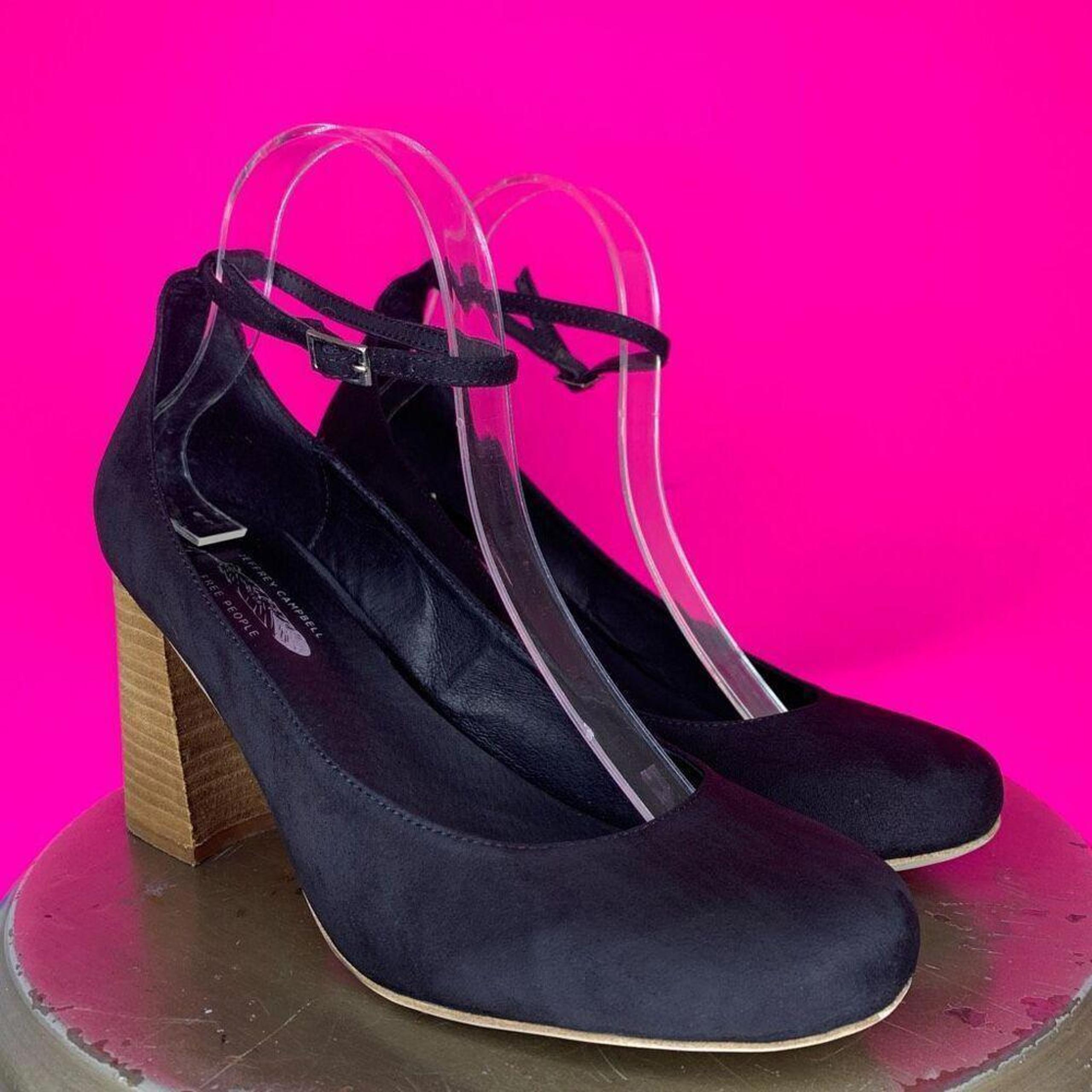 JeffreyCampbell Free People Delta Black Suede Ankle Strap Block Heel Pump Sz 9