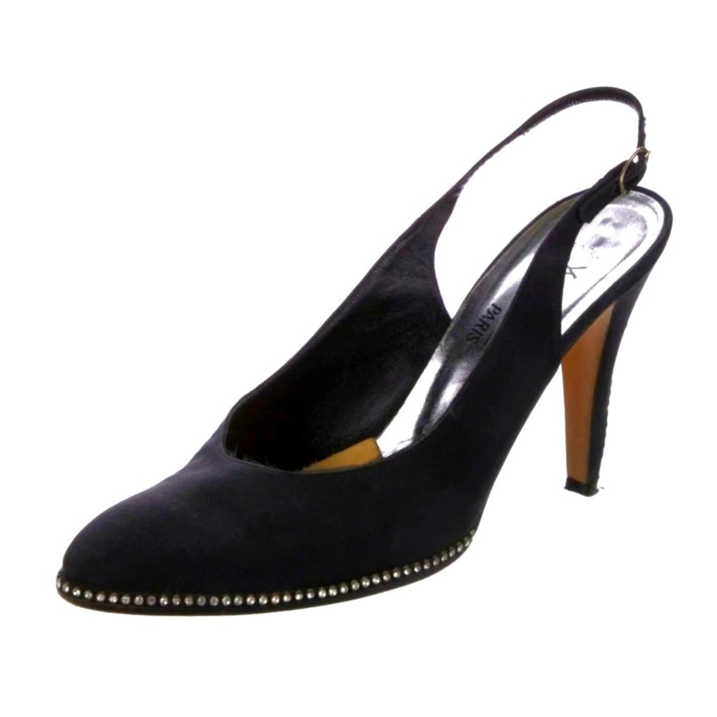 YSL Womens 8.5 VINTAGE Rhinestone Crystal Slingback Heels Almond Toe Black Pumps