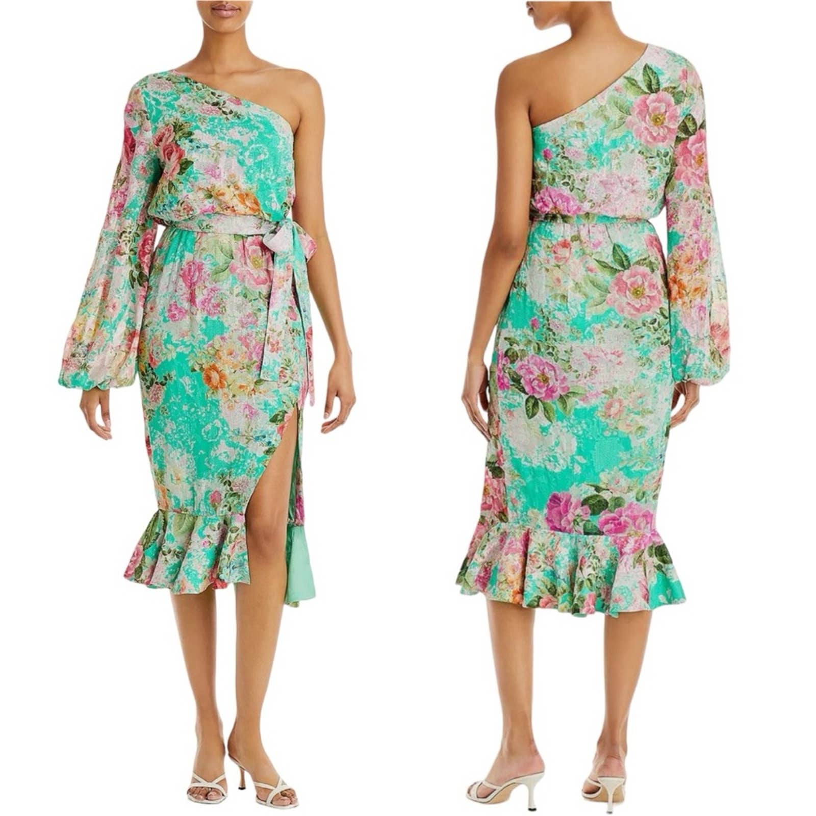 NWT Hemant and Nandita Anka Green Floral One Shoulder Belted Midi Dress Small