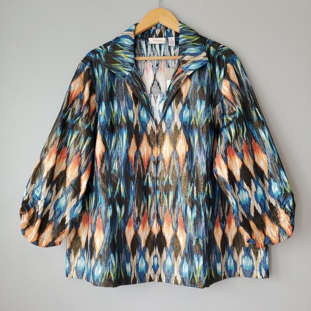 Chicos Majestic Blue Pianna Ikat 3/4 Ruched Sleeve Linen Blend Jacket Womens XXL