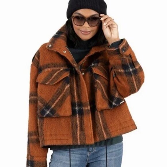 Nine West Nine West Bomber Shacket Jacket Sienna Brown Plaid Size Large
