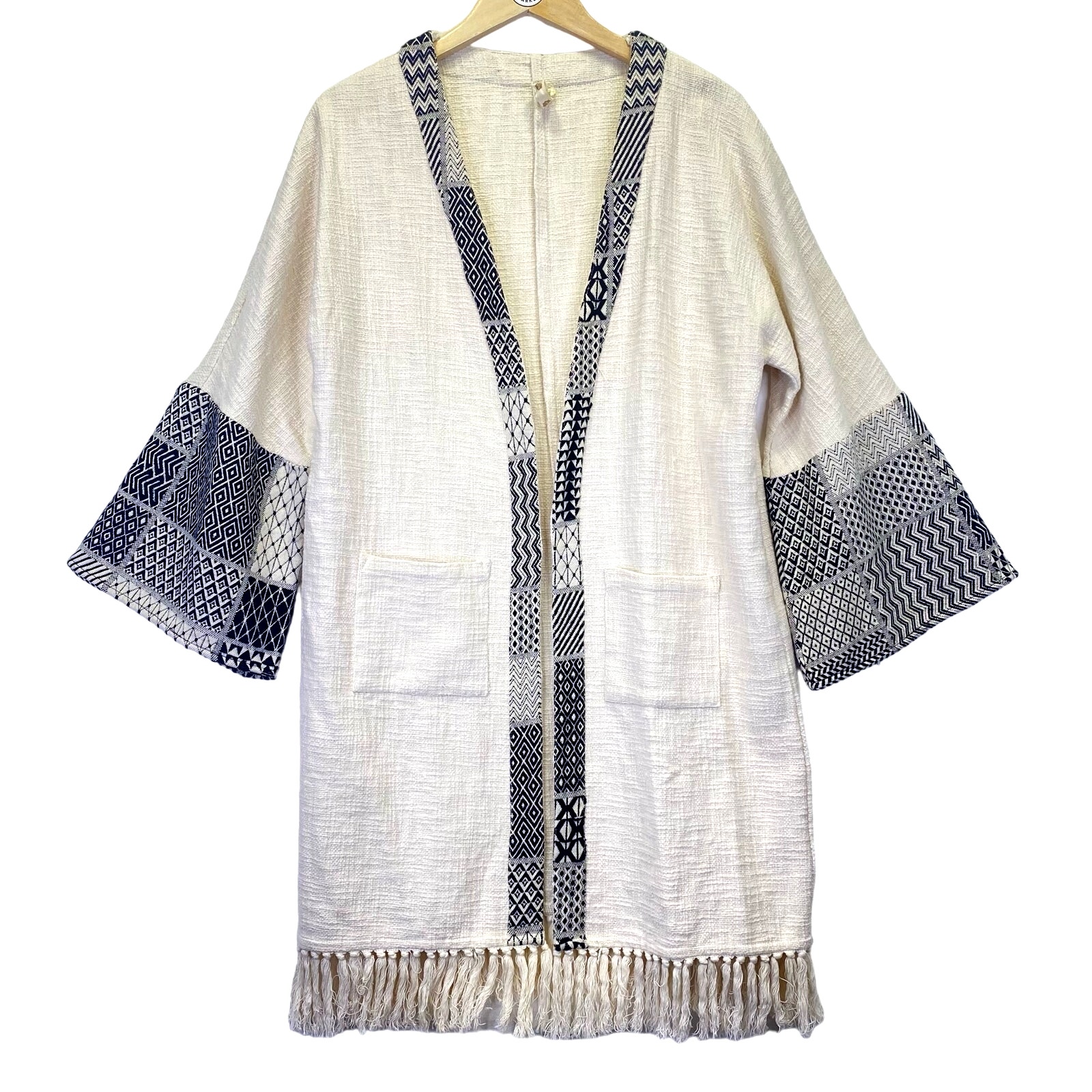 Embroidered Fringe Long Kimono Cardigan Womens L Ivory Black Bohemian