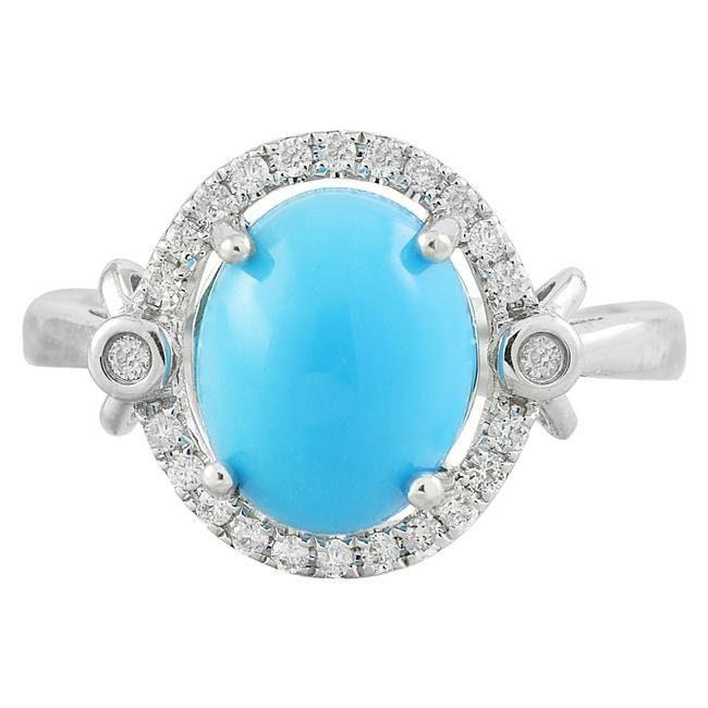 2.60Ct Natural Oval Blue Turquoise & Diamond Halo Solitaire Ring 14k White Gold