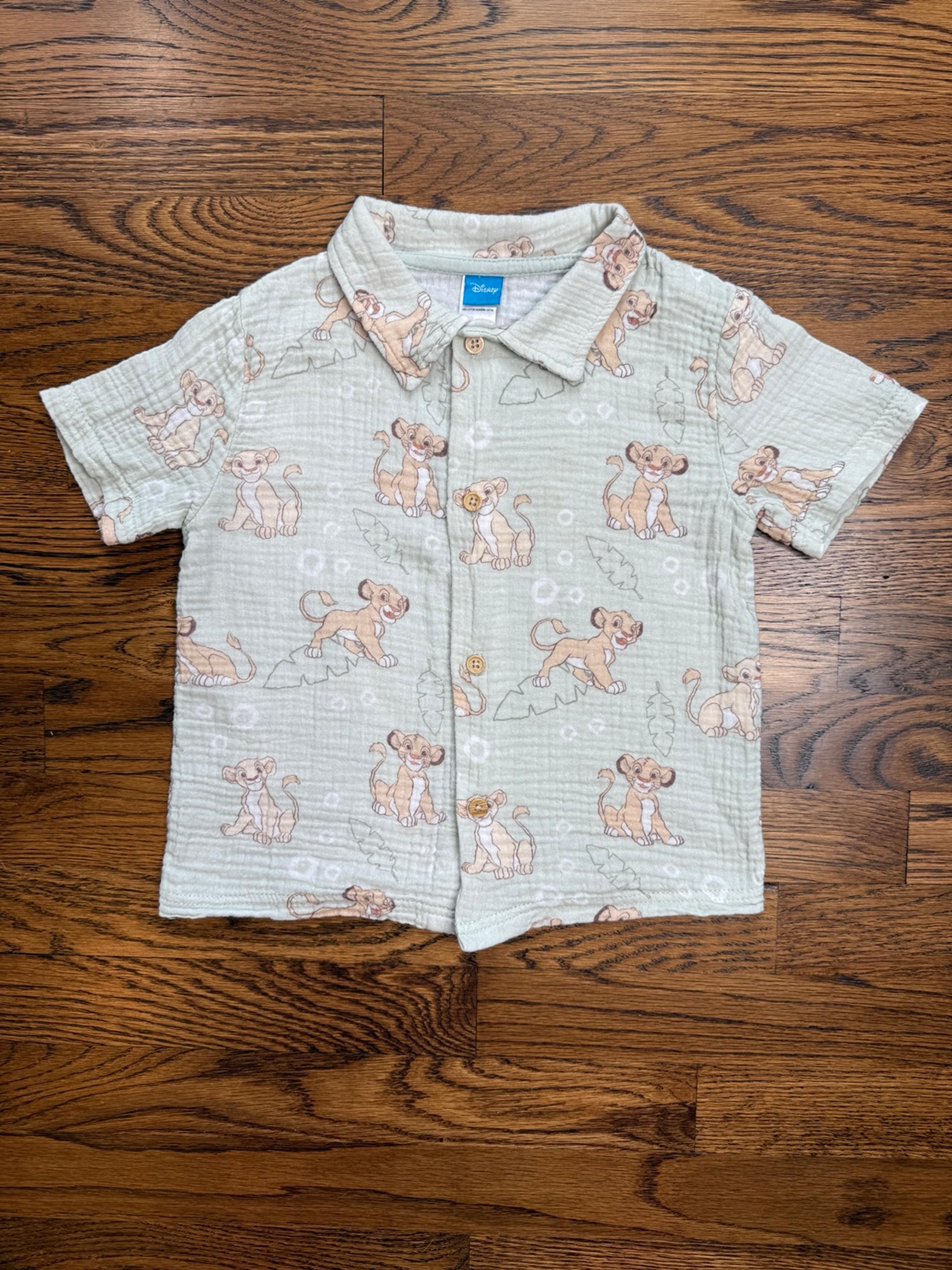 Disney Kids Lion King Simba Print Button Up Gauze Shirt Light Sage Green Size 4T