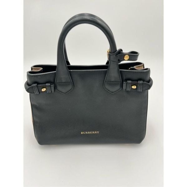 Burberry Banner Tote Iconic House Check Derby Shoulder Bag Black Leather