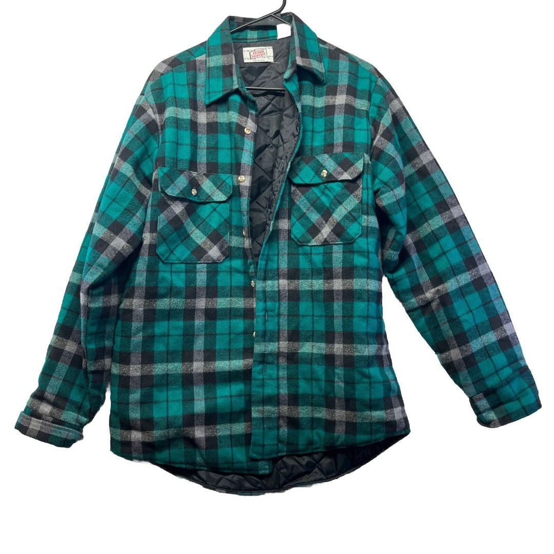 Vintage Private Property Lined Plaid Flannel Button Up M USA Shacket 70s Green
