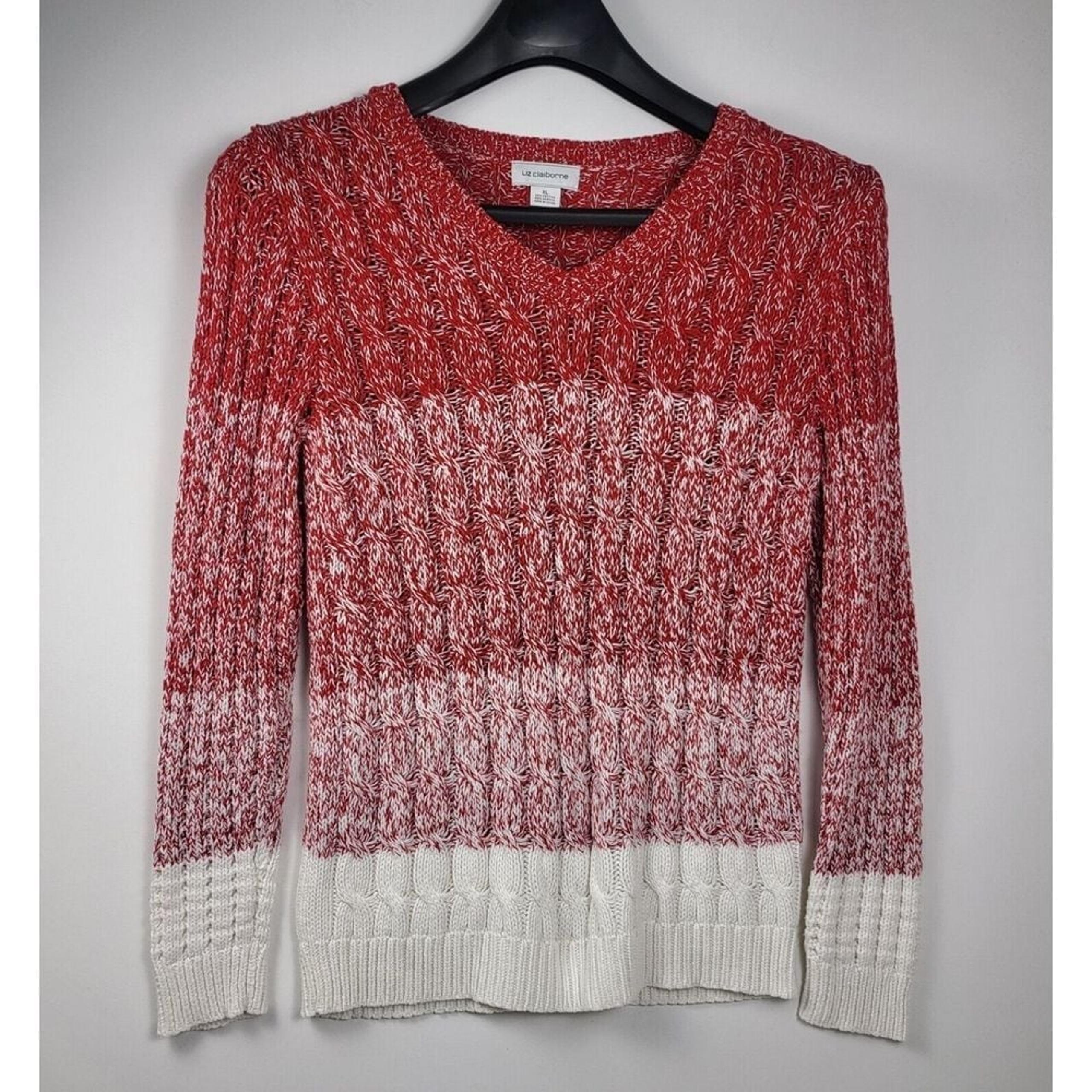 Liz Claiborne Sweater Women's XLarge Red & White Pullover V-Neck Ombre Striped