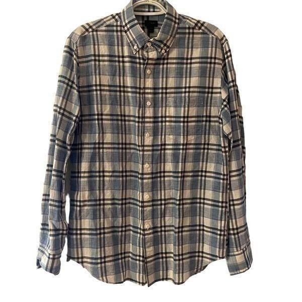 J. Crew Irish Linen Long Sleeve Blue Plaid Button Down Shirt