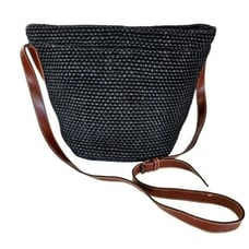 Vintage Carla Marchi Black Italian Woven Raffia Shoulder Leather Trim Bucket Bag