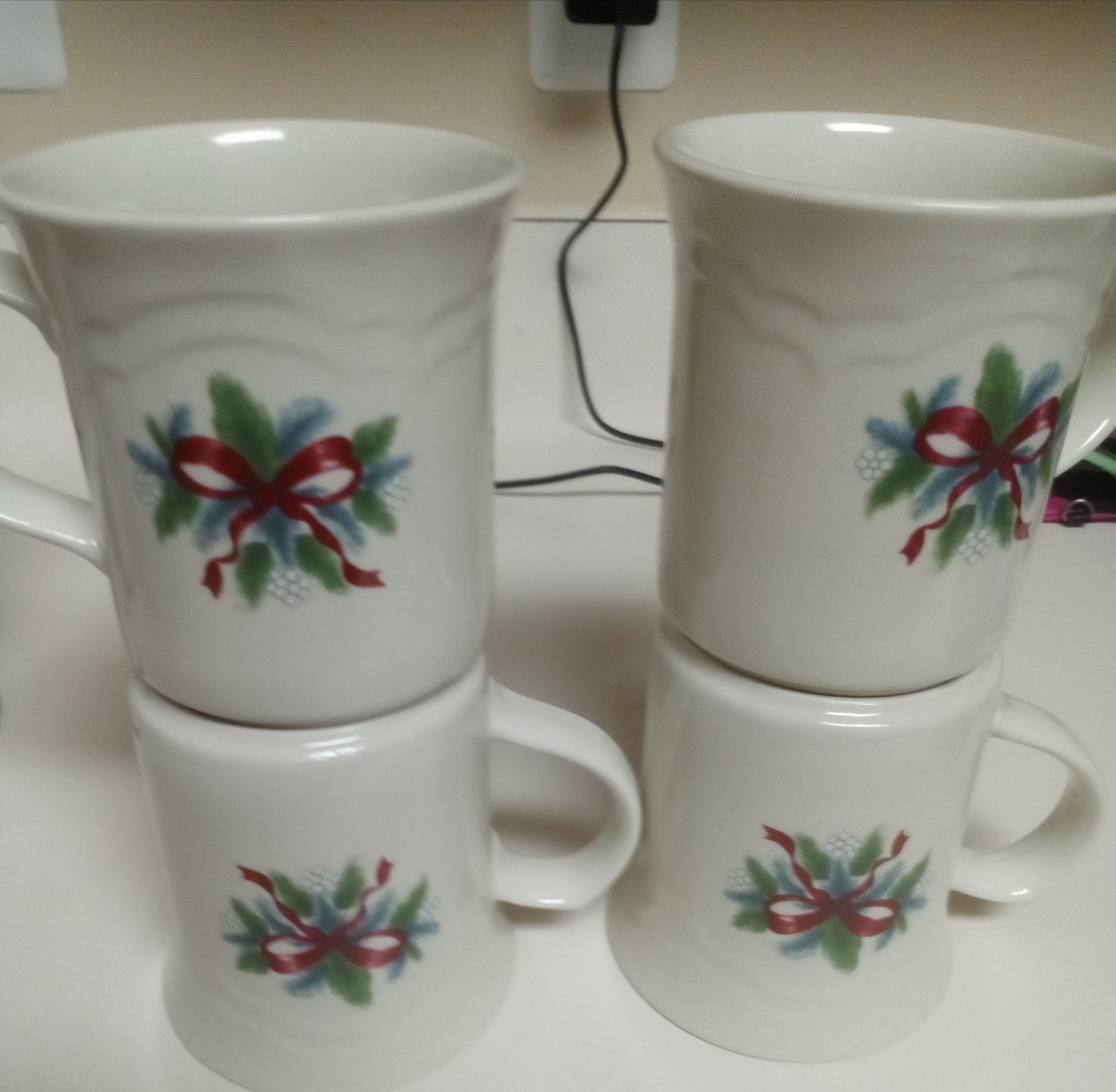 Vintage Pfaltzgraff Red Ribbon Stoneware Coffee Mugs