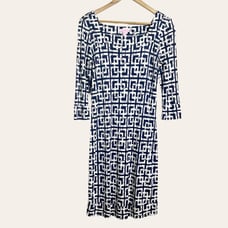 Lilly Pulitzer Navy Blue White Long Sleeve Silk Bamboo Sheath Dress Size 8