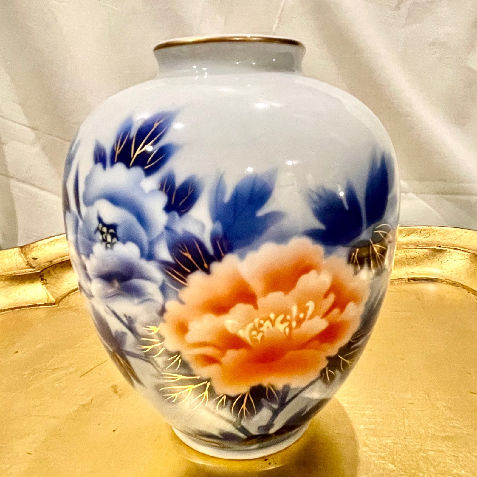Vintage Japanese Fukagawa Porcelain Blue and Peach Floral Vase Signed