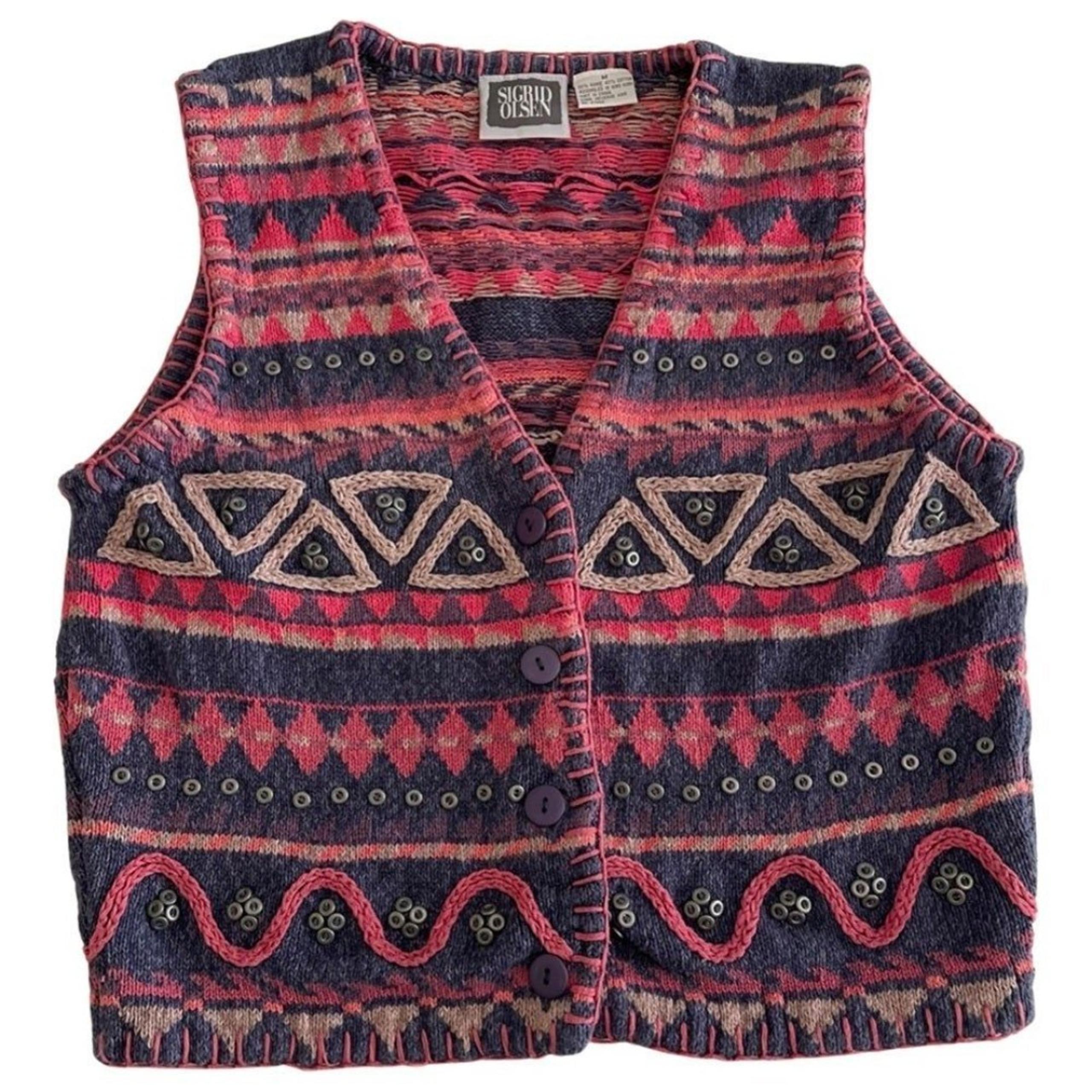 Vintage 90s Sigrid Olsen Sweater Vest Pink Blue Size Medium