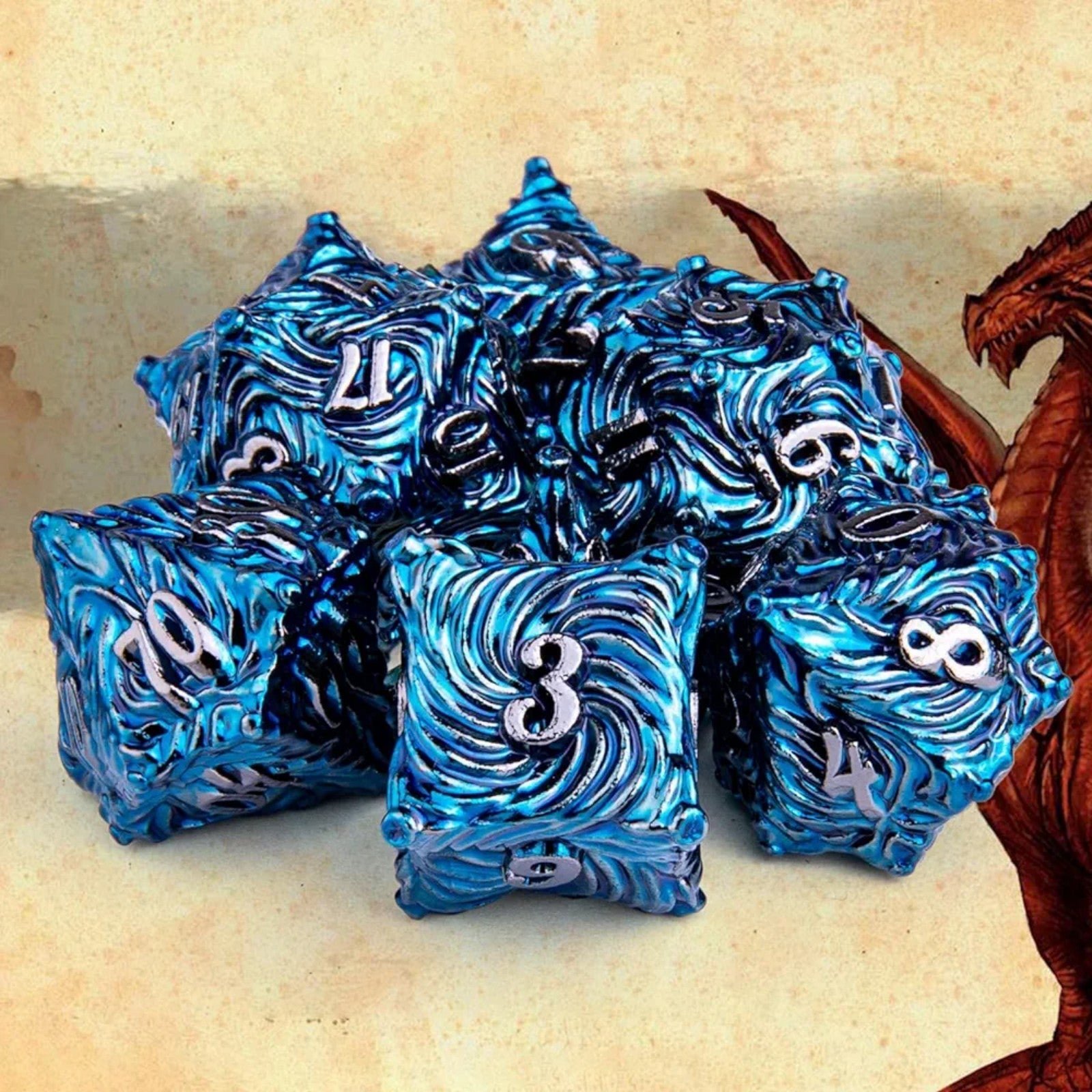 Blue Vortex Metal DND Dice Set Dungeons Dragons RPG D20 D12 D10 D8 D6 D4
