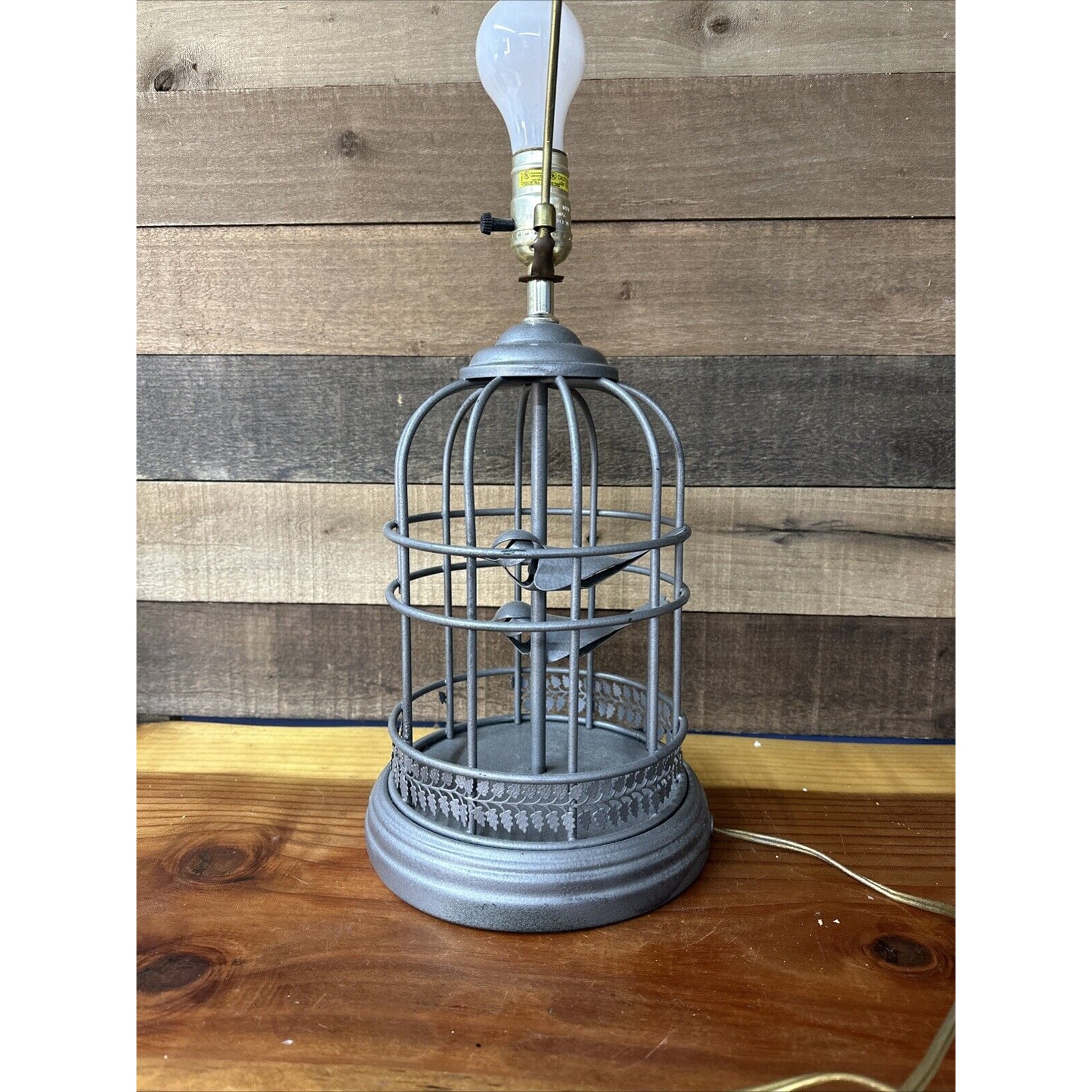 vintage 1960s steel rod gray painted birdcage with birds table lamp-flaw