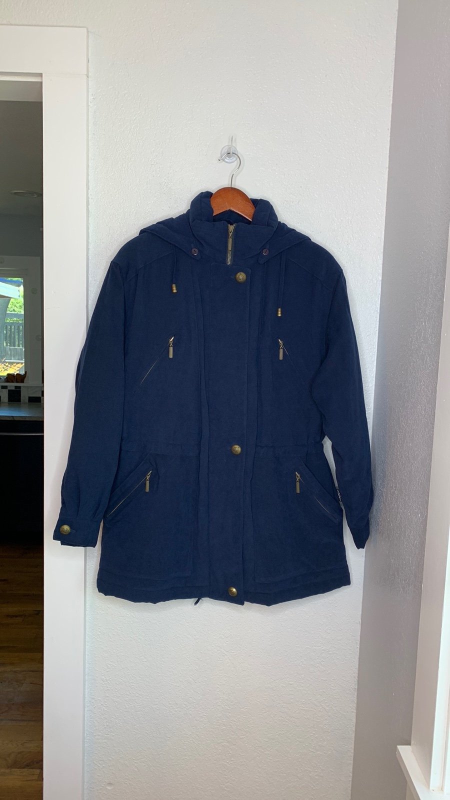 IZZI outerwear blue puffer parka coat jacket removable hood full zip button up