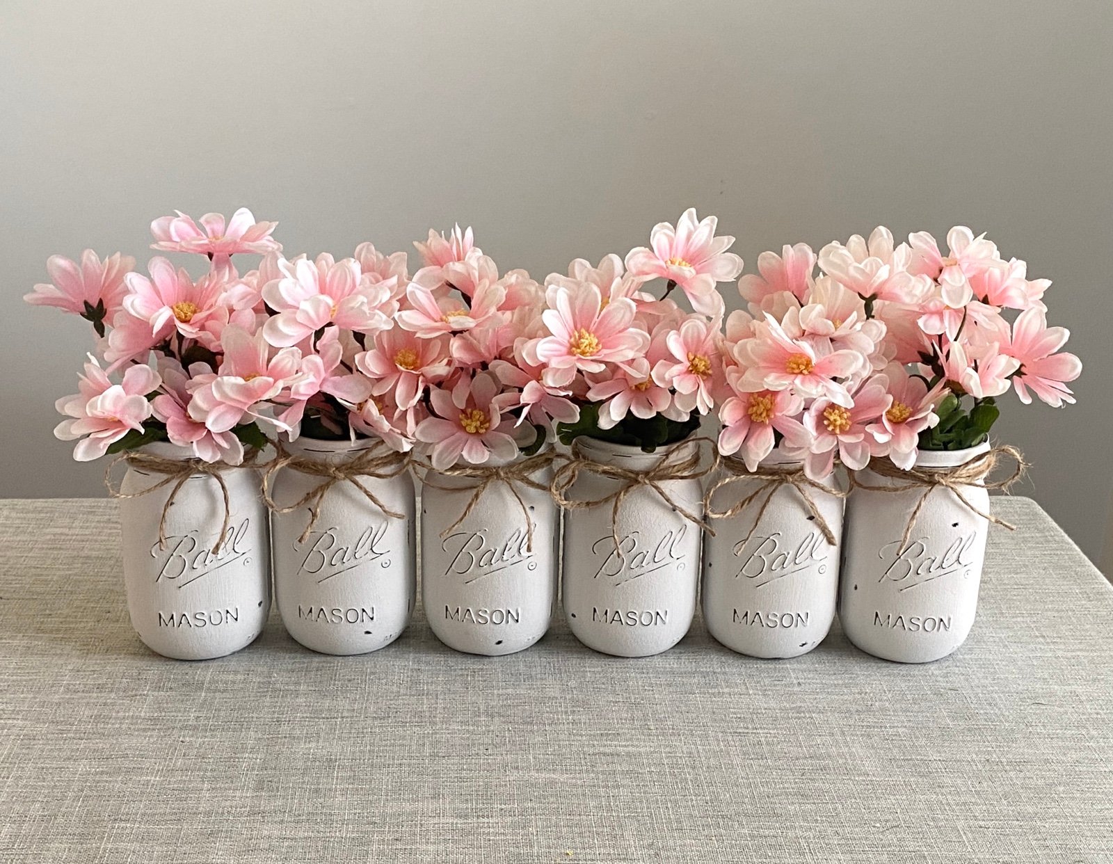 Hand-crafted chalk painted distressed Mason jar vases w/faux flowers included