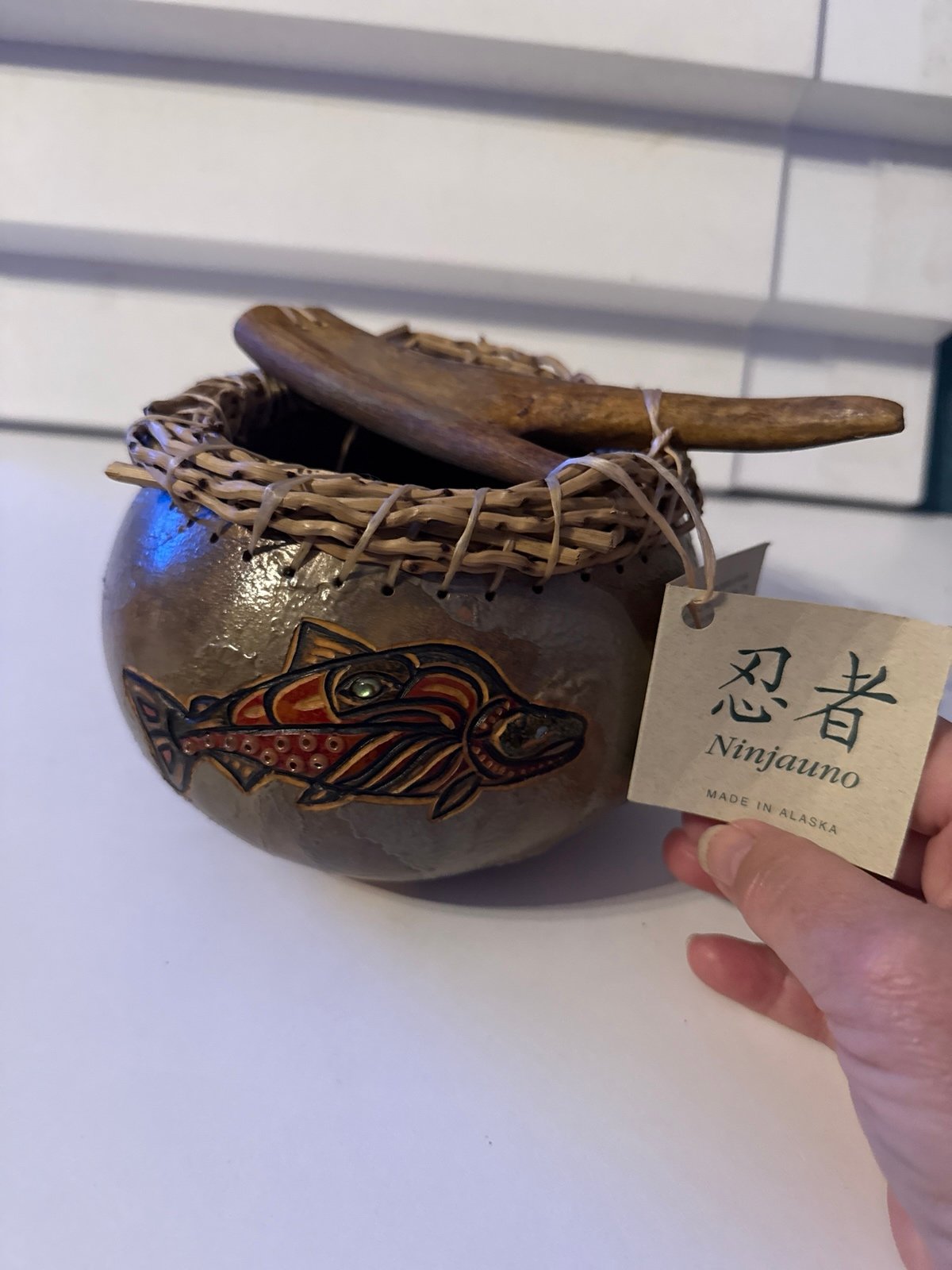 Ninilchik (Ninjuano) bowl, featuring a salmon design. Artist Homer Alaska Tags