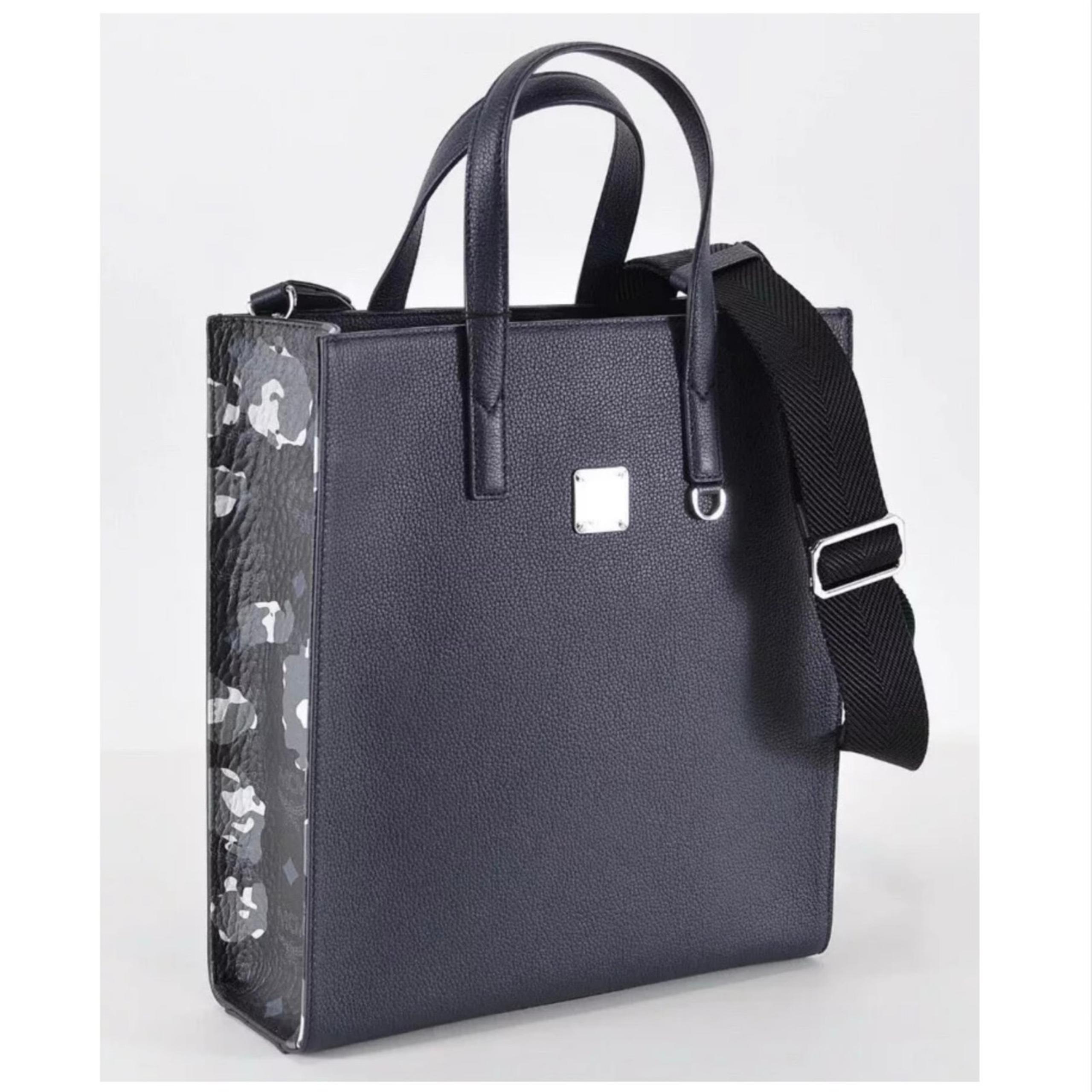 MCM NAVY LEATHER CAMO TOTE BAG - STRUCTURED DESIGN WITH CROSSBODY STRAP