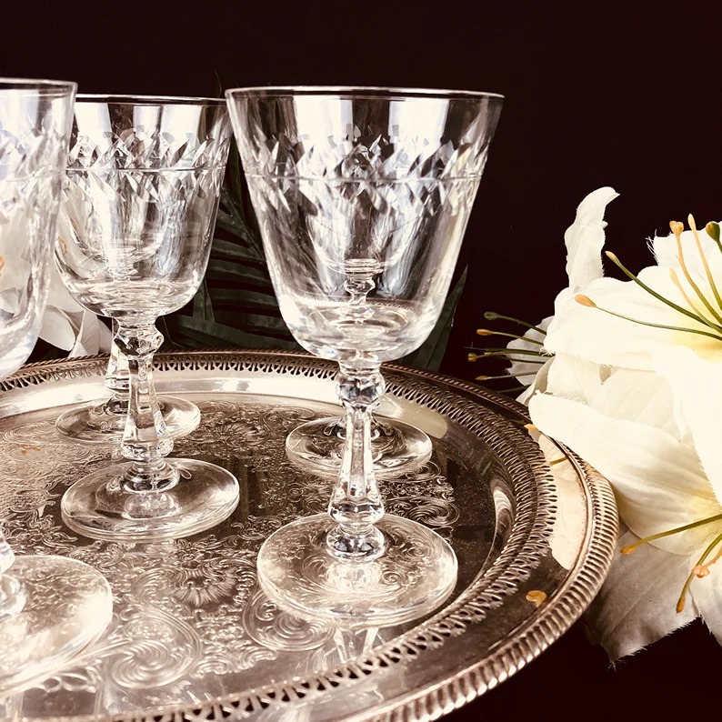 Six Vintage Cut Crystal Wine Glasses featuring Wreath designs and Faceted Stems