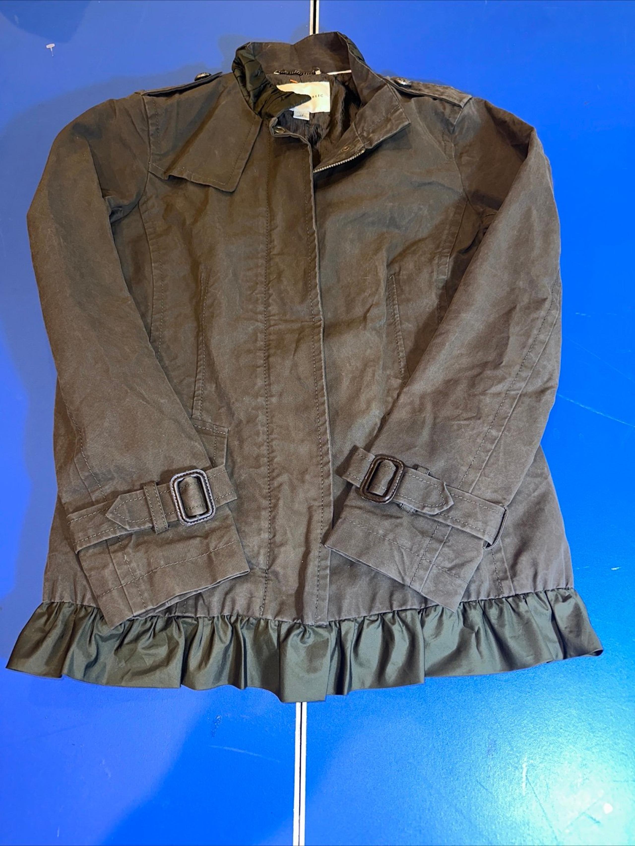 Womens Banana Republic Waxed Cotton Jacket Military Green Ruffle trim