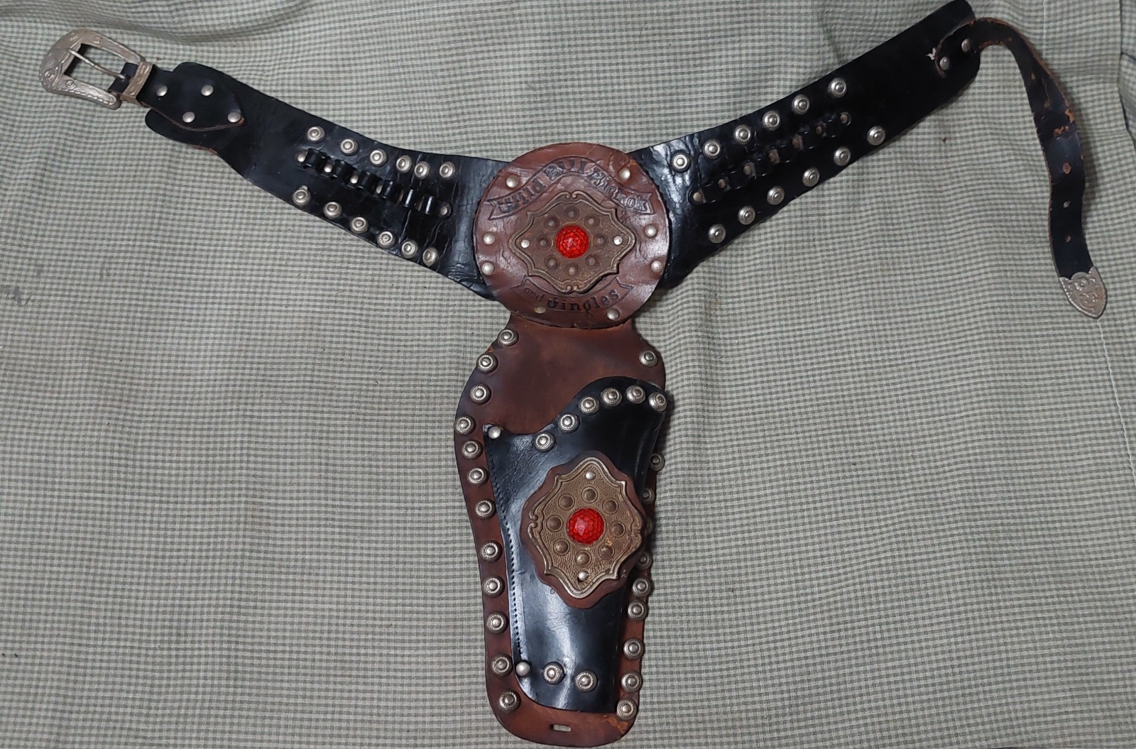 Vntg 50s Wild Bill Hickok and Jingles Black Leather Jeweled Gun Belt Holster Toy
