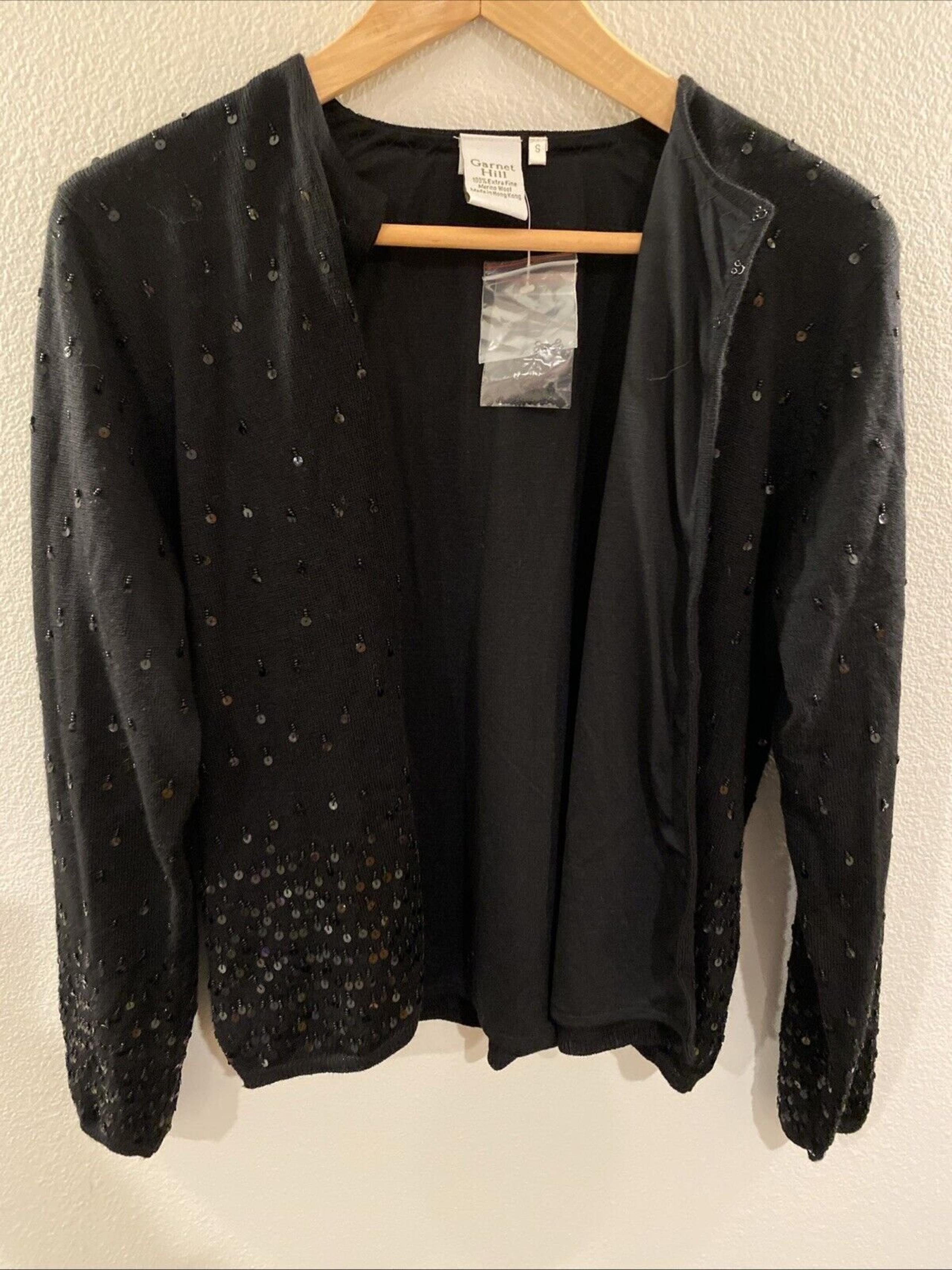 NWT Garnet Hill Sweater Set 2 Piece Small Merino Wool Extra Fine Black Sequins