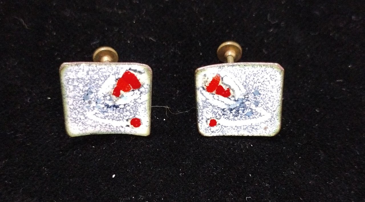 Vintage White, blue and red enamel screw back Earrings