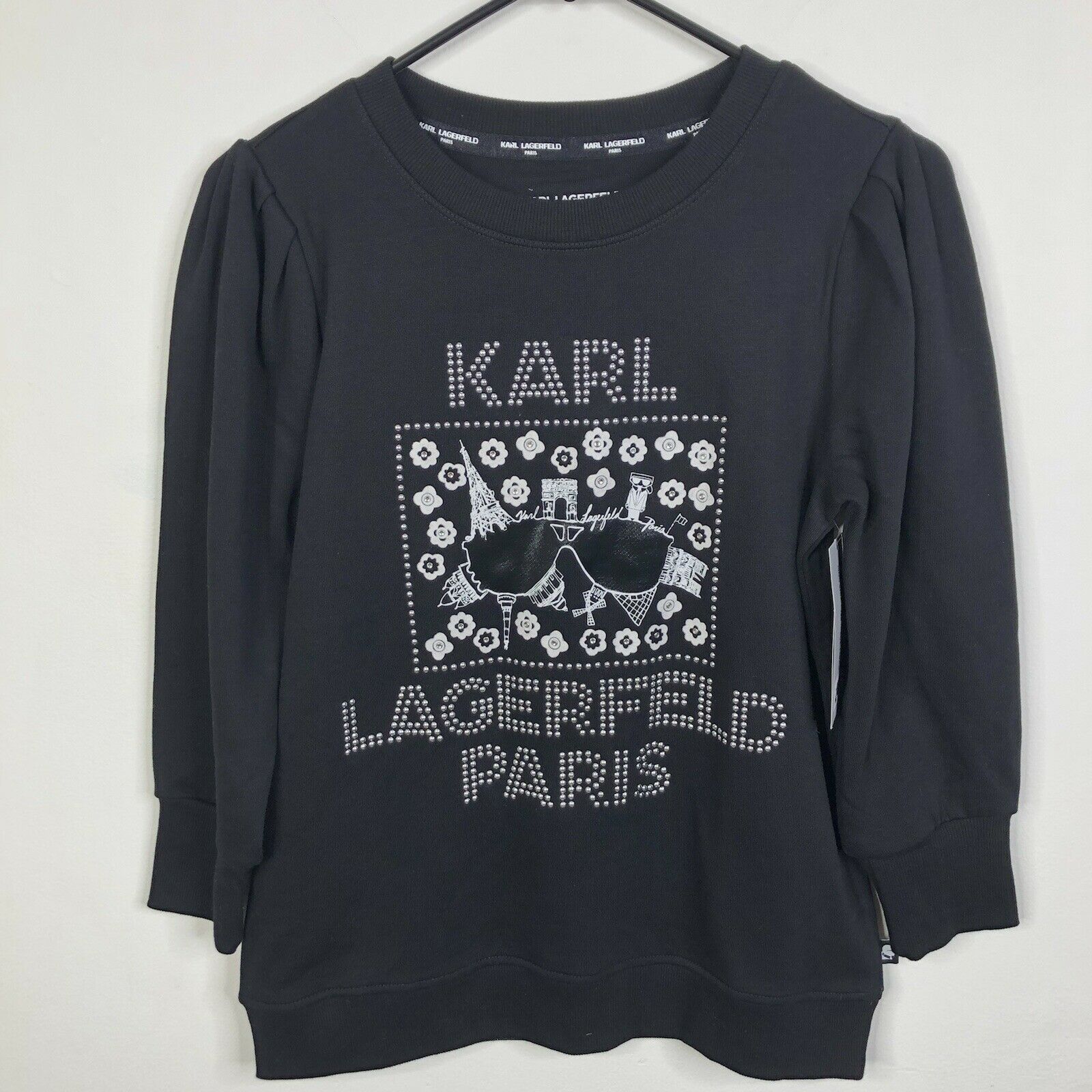 NWT KARL LAGERFELD PARIS Studded Logo Sunglasses Black Pullover Sweater Size XS