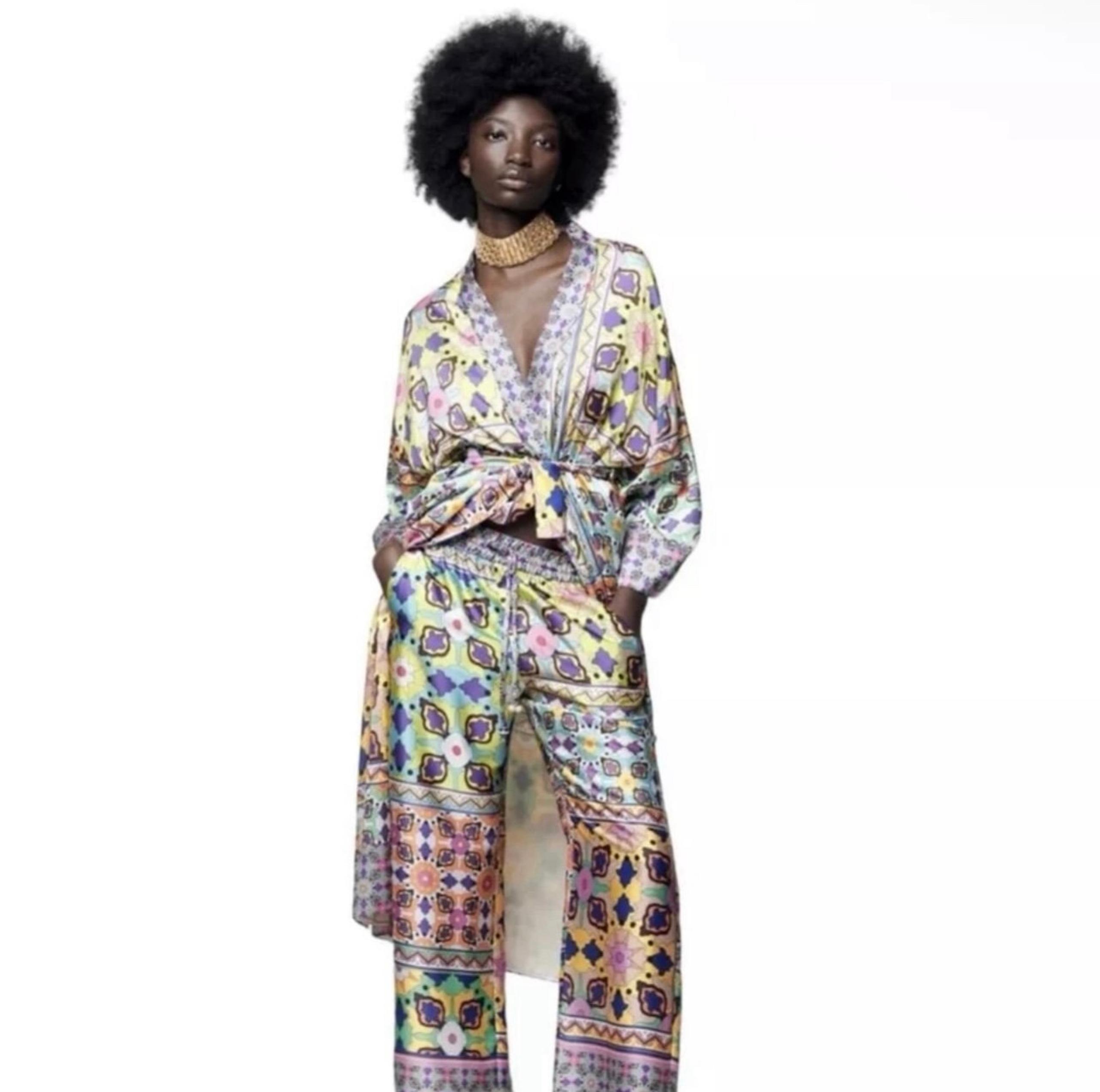 Zara Multicolor Printed Belted Kimono Blouse
