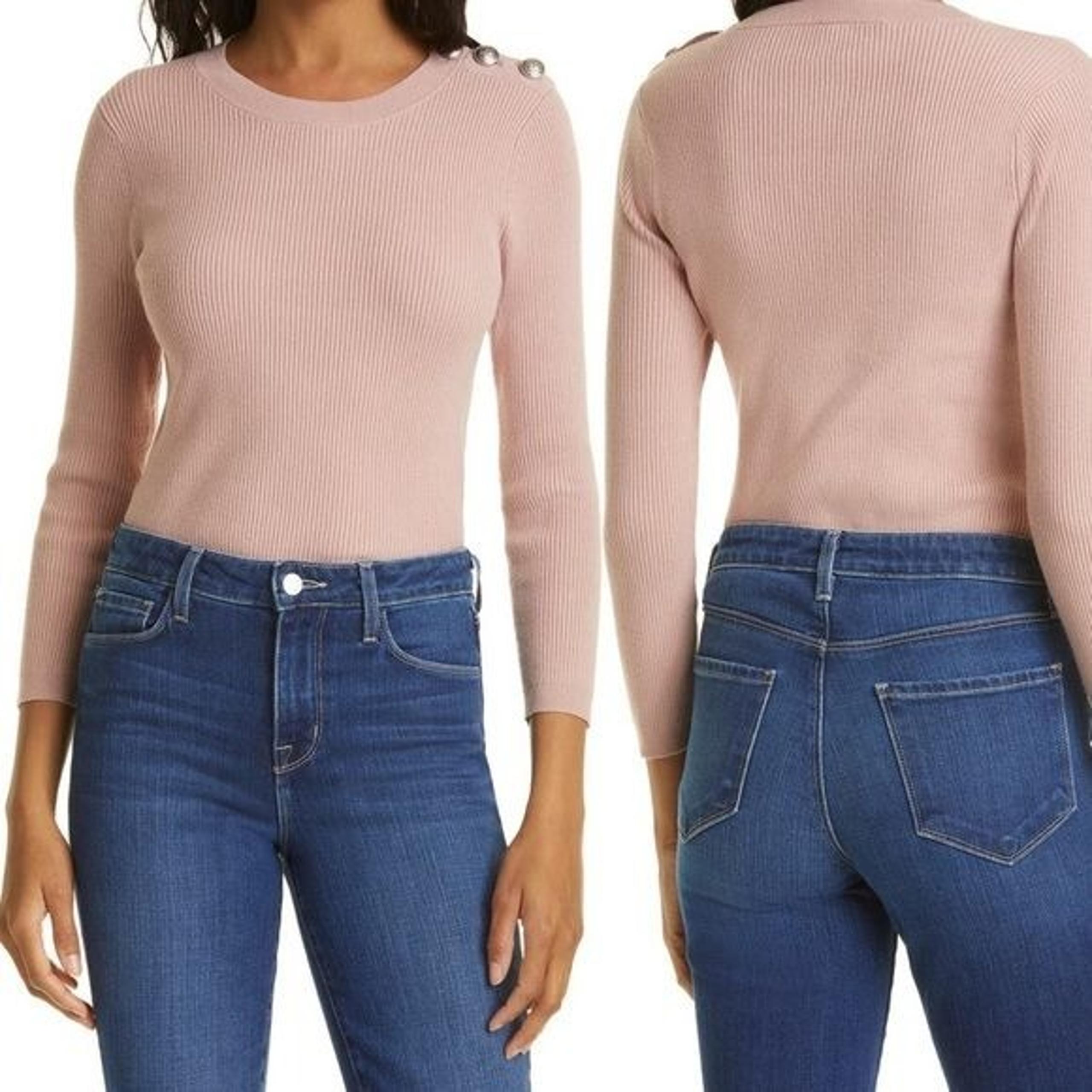 L'AGENCE Ronnie Ribbed Crewneck Women's Sweater With Crested Shoulder Buttons