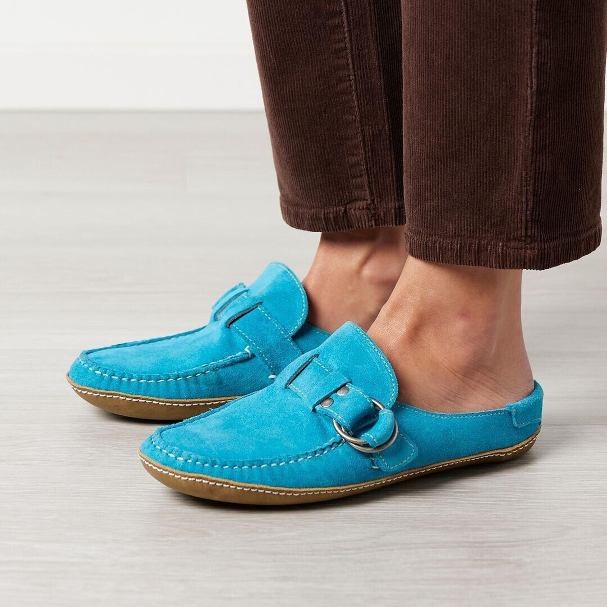 Quoddy Suede Ring Aqua Leather Mules Slides Womens 6 Blue Moccasins Slip On