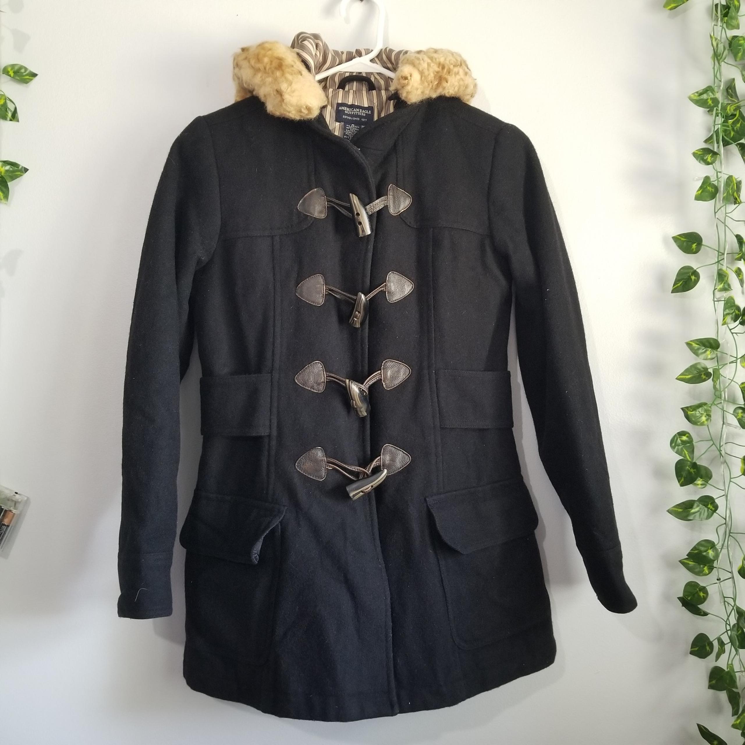 American Eagle Wool Leather Wooden Toggle SM PeaCoat Hooded Womens