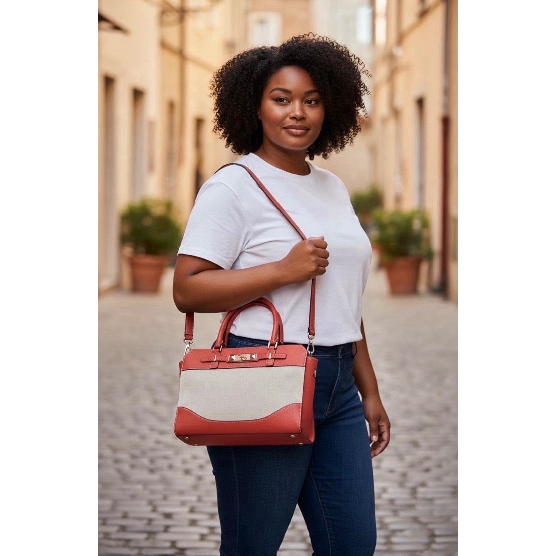 GUESS Satchel Handbag Burnt Orange Canvas Leather Trim Top Handle Crossbody Bag